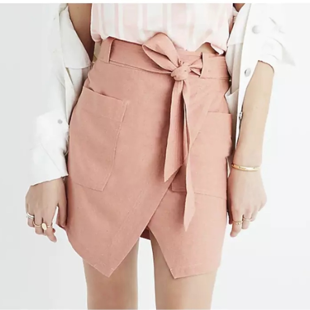 NEW Madewell Portside Raw Silk Faux Wrap Skirt in Blush Pink - Size 14 (F2984)